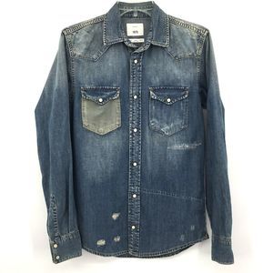 Zara 1975 womens blue distressed chambray pearl snap shirt Size M western